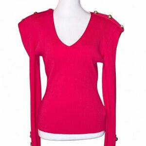 NWT Karen Millen Fuchsia Power Shoulder Knit Top L – Gold Button Detail